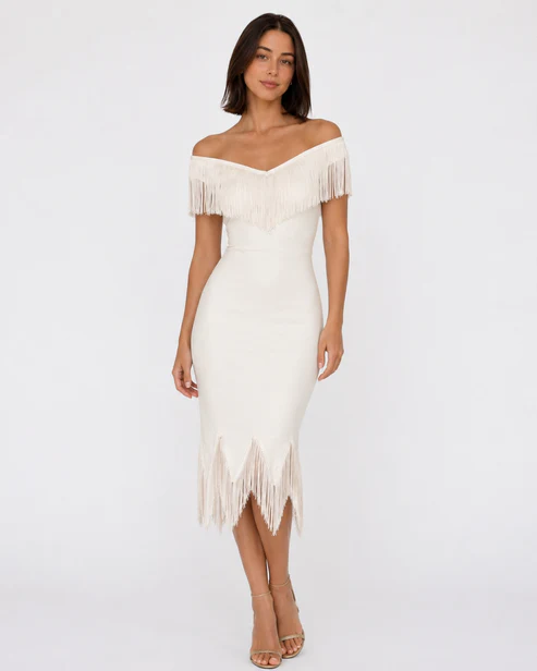 Cannes Fringe Off Shoulder Mini Dress