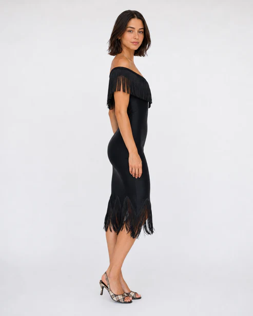 Cannes Fringe Off Shoulder Mini Dress