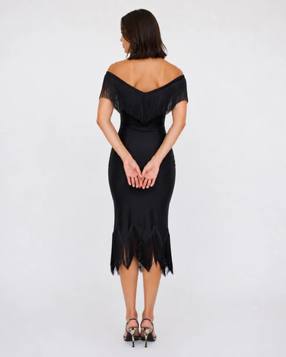 Cannes Fringe Off Shoulder Mini Dress