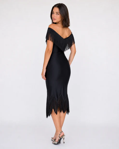Cannes Fringe Off Shoulder Mini Dress