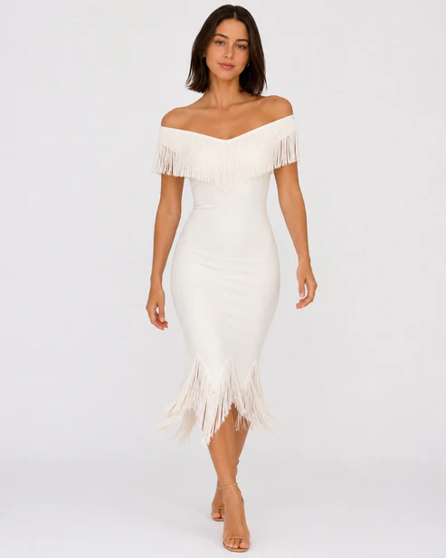 Cannes Fringe Off Shoulder Mini Dress
