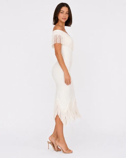 Cannes Fringe Off Shoulder Mini Dress