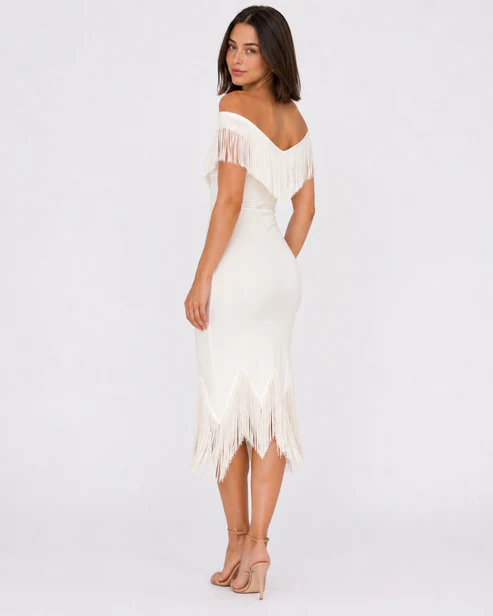 Cannes Fringe Off Shoulder Mini Dress