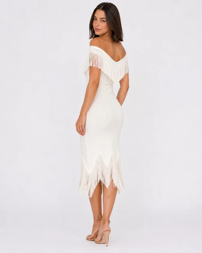 Cannes Fringe Off Shoulder Mini Dress