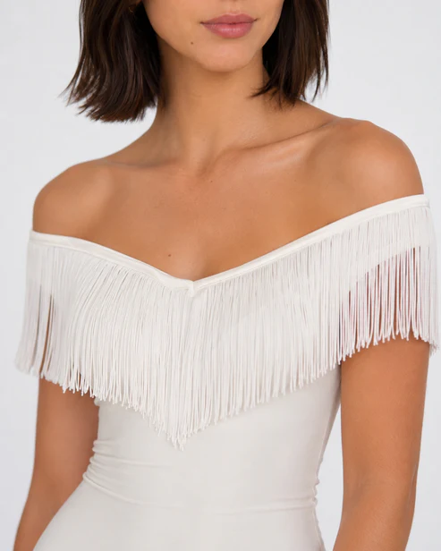 Cannes Fringe Off Shoulder Mini Dress